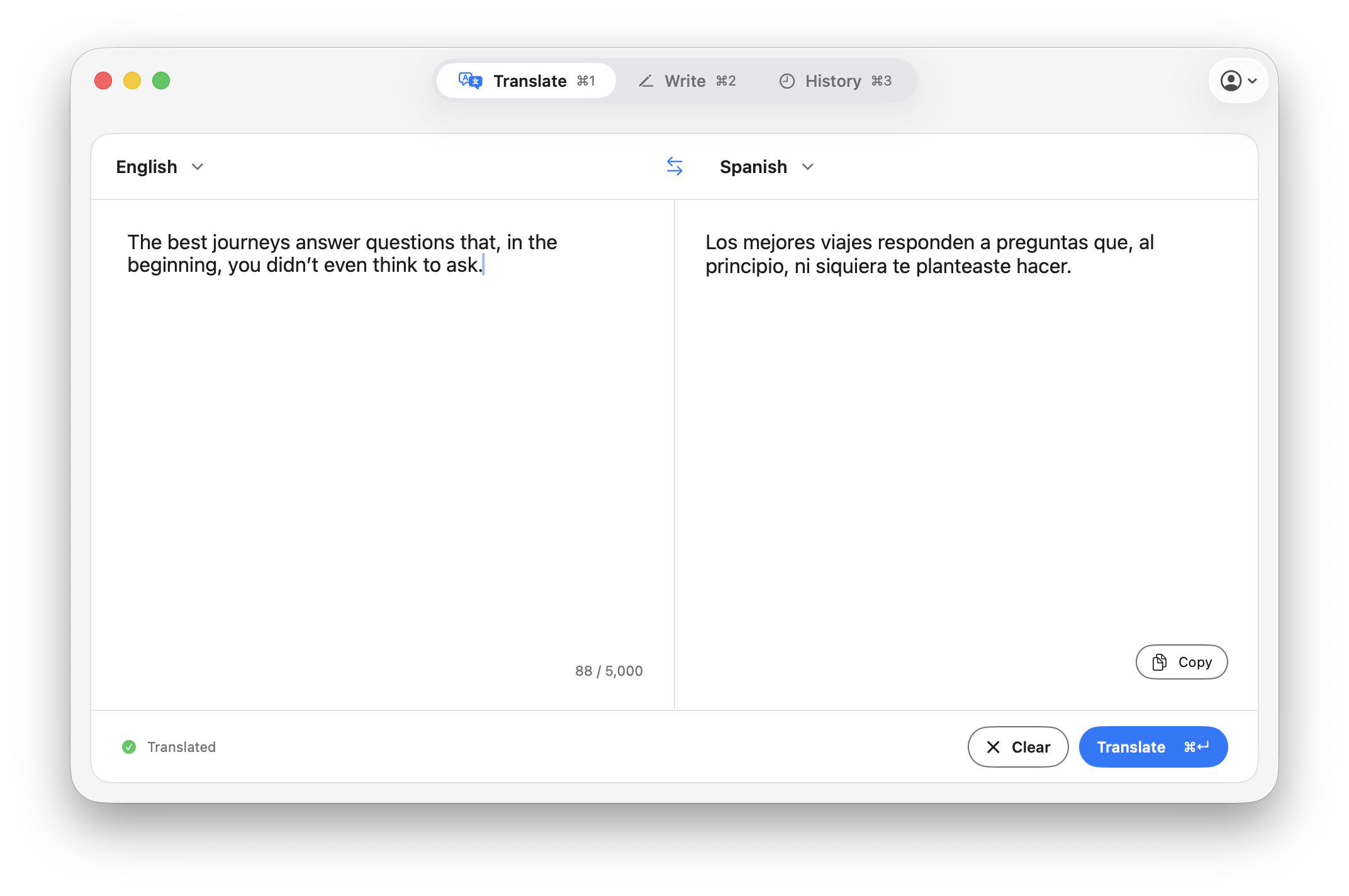 Witrai translating English text into Spanish in its Mac workspace